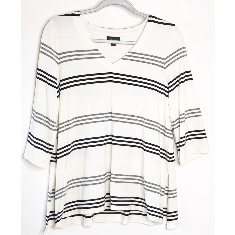J. Jill Small V Neck Top Stripe 3/4 Sleeve Tunic Petite Cream Black